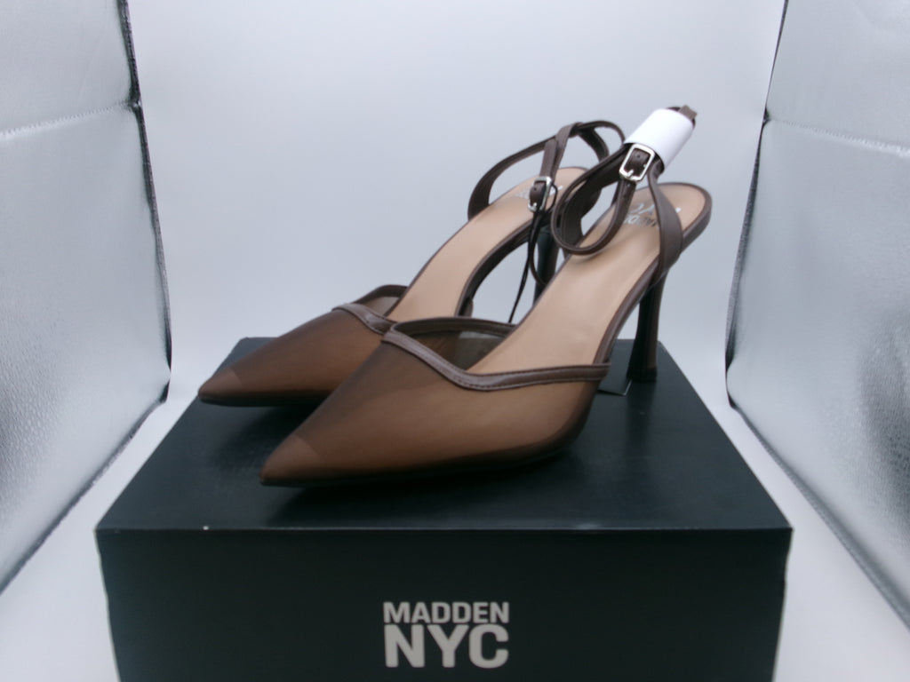 Madden NYC Brown Mesh Buckle Ankle Strap Stiletto Heeled Sandals Pointed Toe