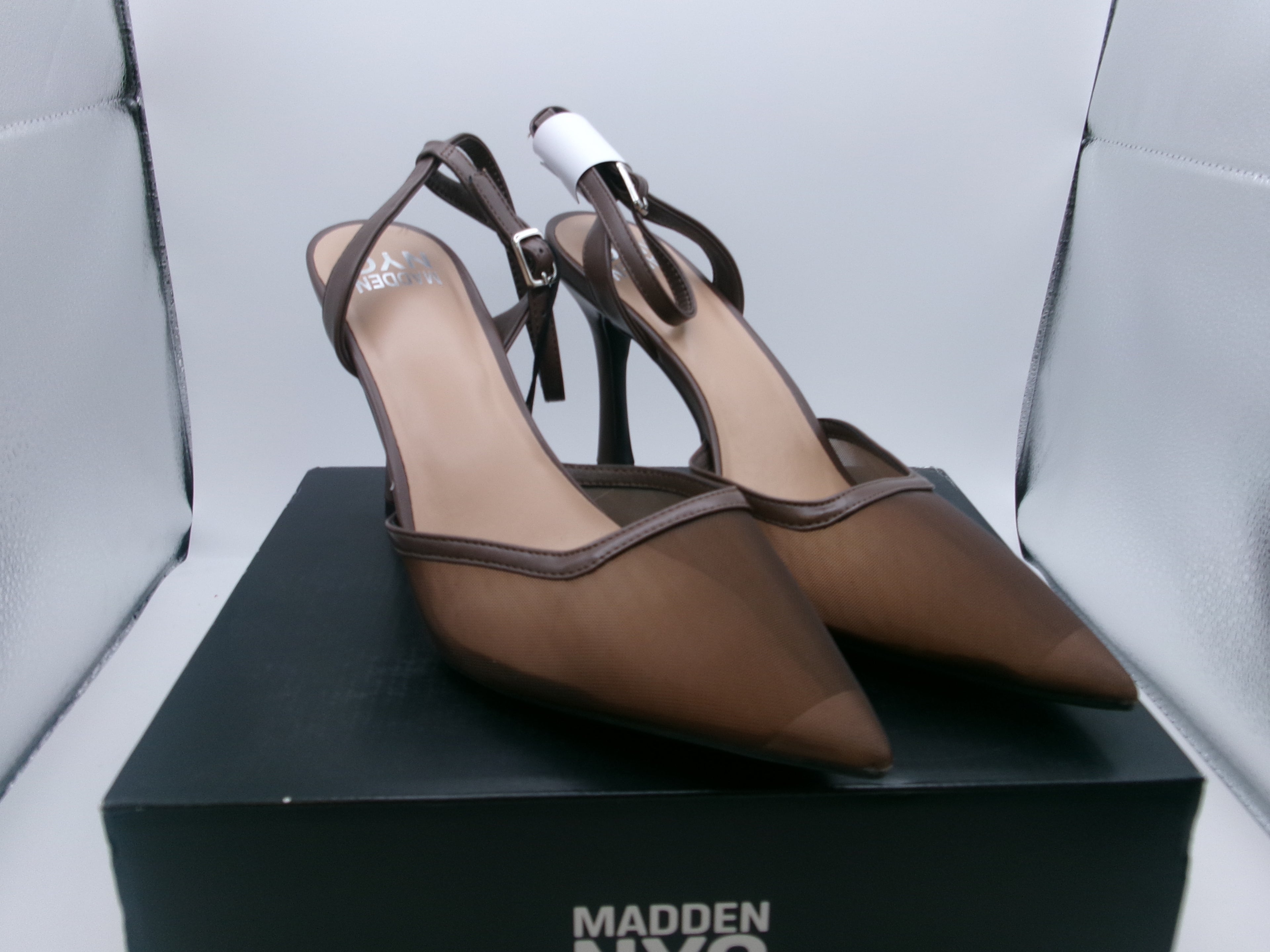 Madden NYC Brown Mesh Buckle Ankle Strap Stiletto Heeled Sandals Pointed Toe