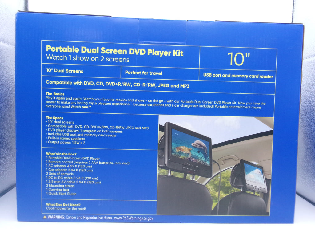 Onn 10" Dual Screen Portable DVD Player Kit with Storage Bag 1000122641