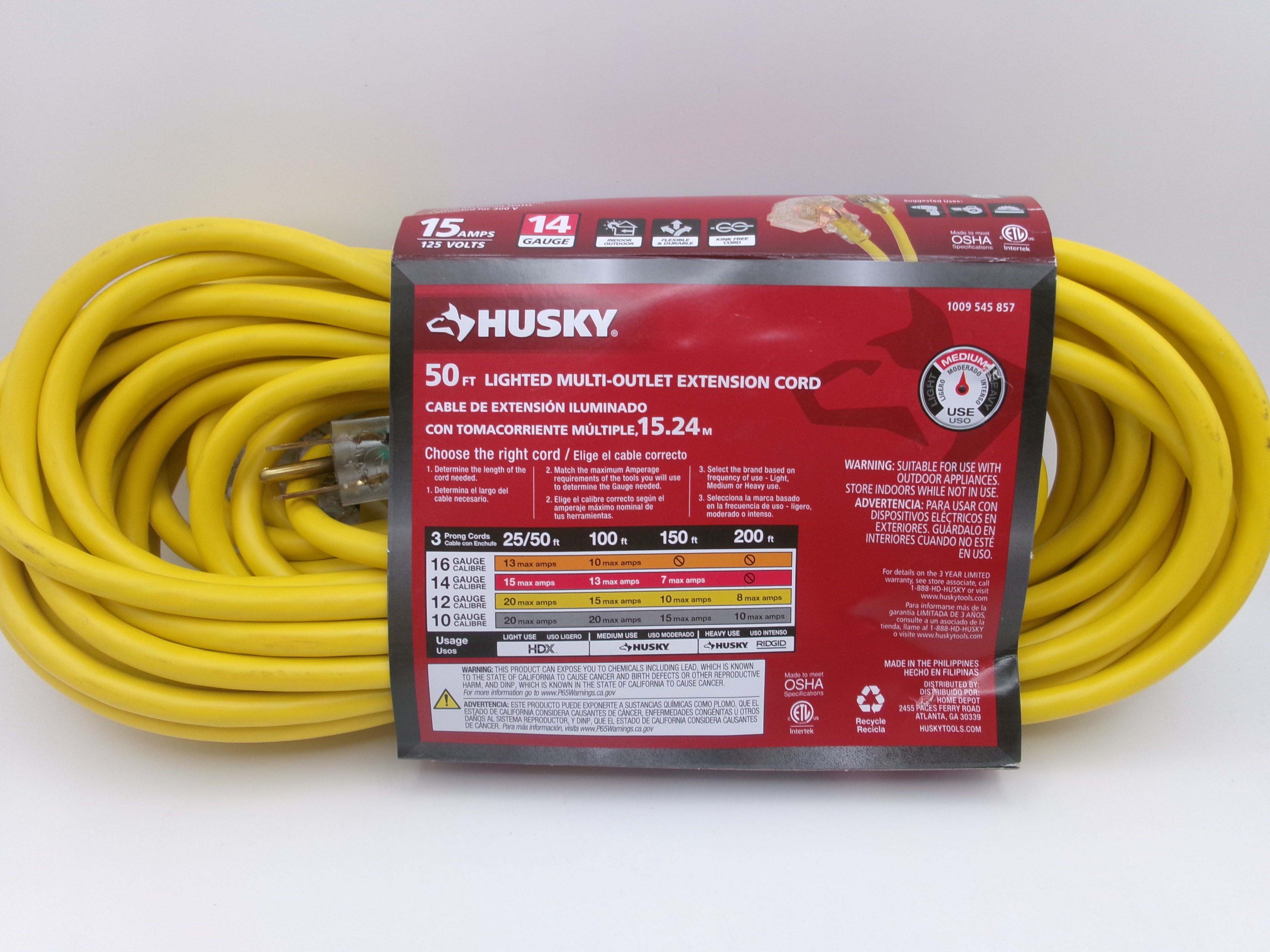 Husky 50 Ft. 14/3 Medium Duty Indoor/Outdoor Extension Cord with Multiple Outlet