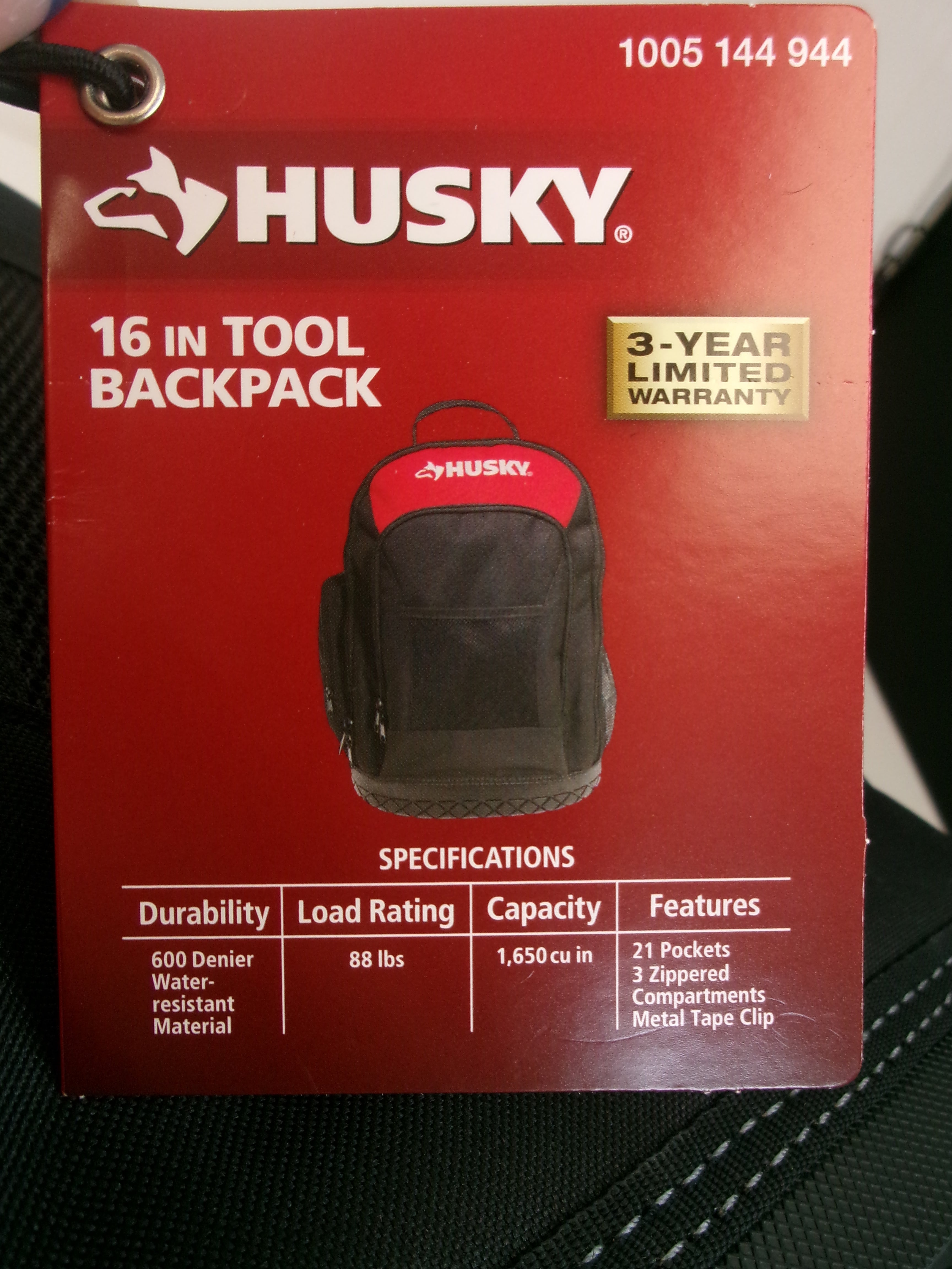 Husky 16 in. Tool Backpack Heavy Duty Rubber Bottom Storage Bag H-68003