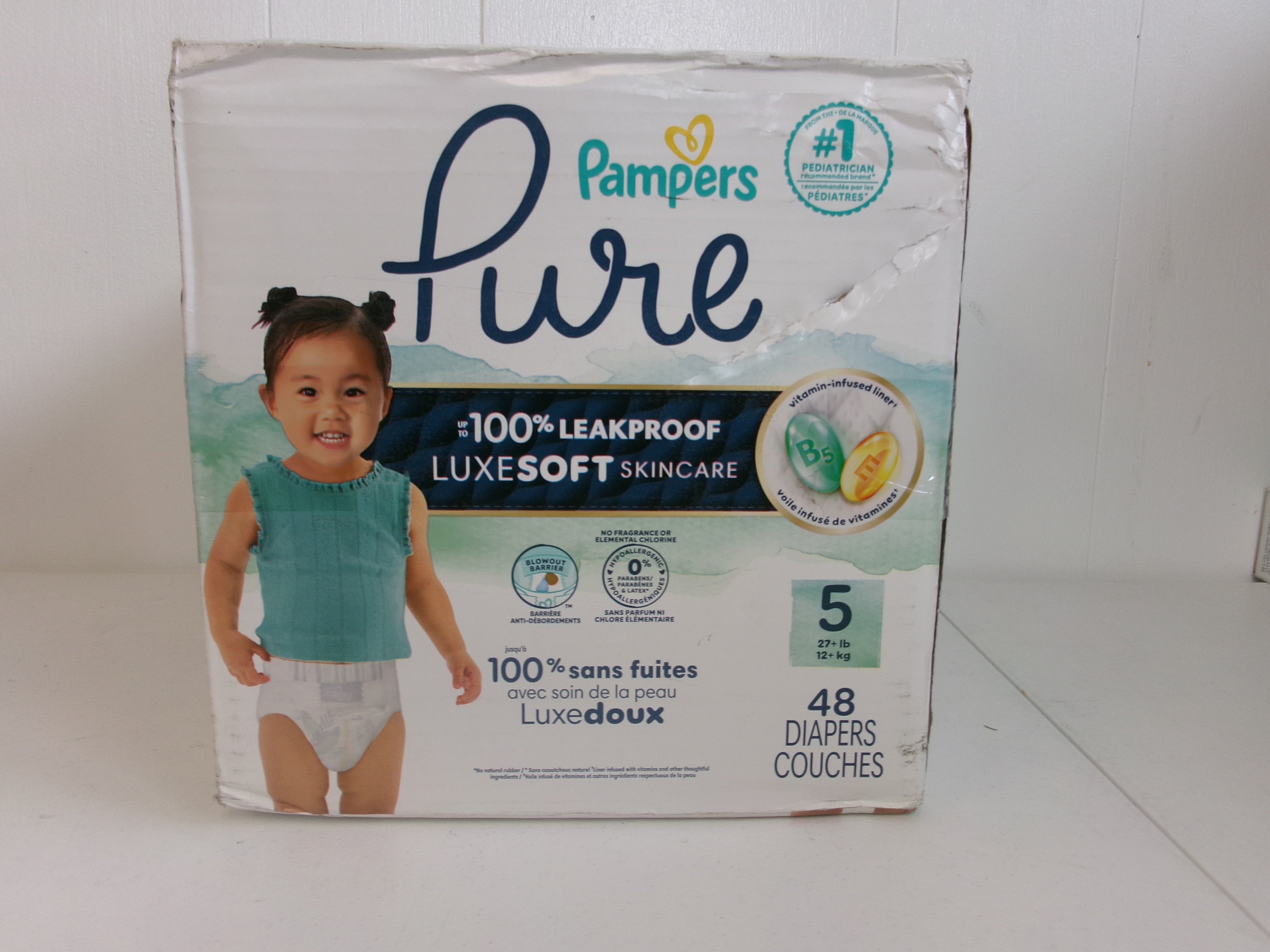 Pampers Pure Baby Diapers, Size 5, 48 Count, Up to 100% Leakproof, Premium Hypoallergenic Soft Diapers