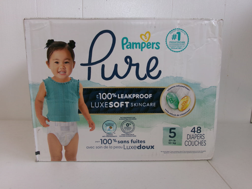 Pampers Pure Baby Diapers, Size 5, 48 Count, Up to 100% Leakproof, Premium Hypoallergenic Soft Diapers