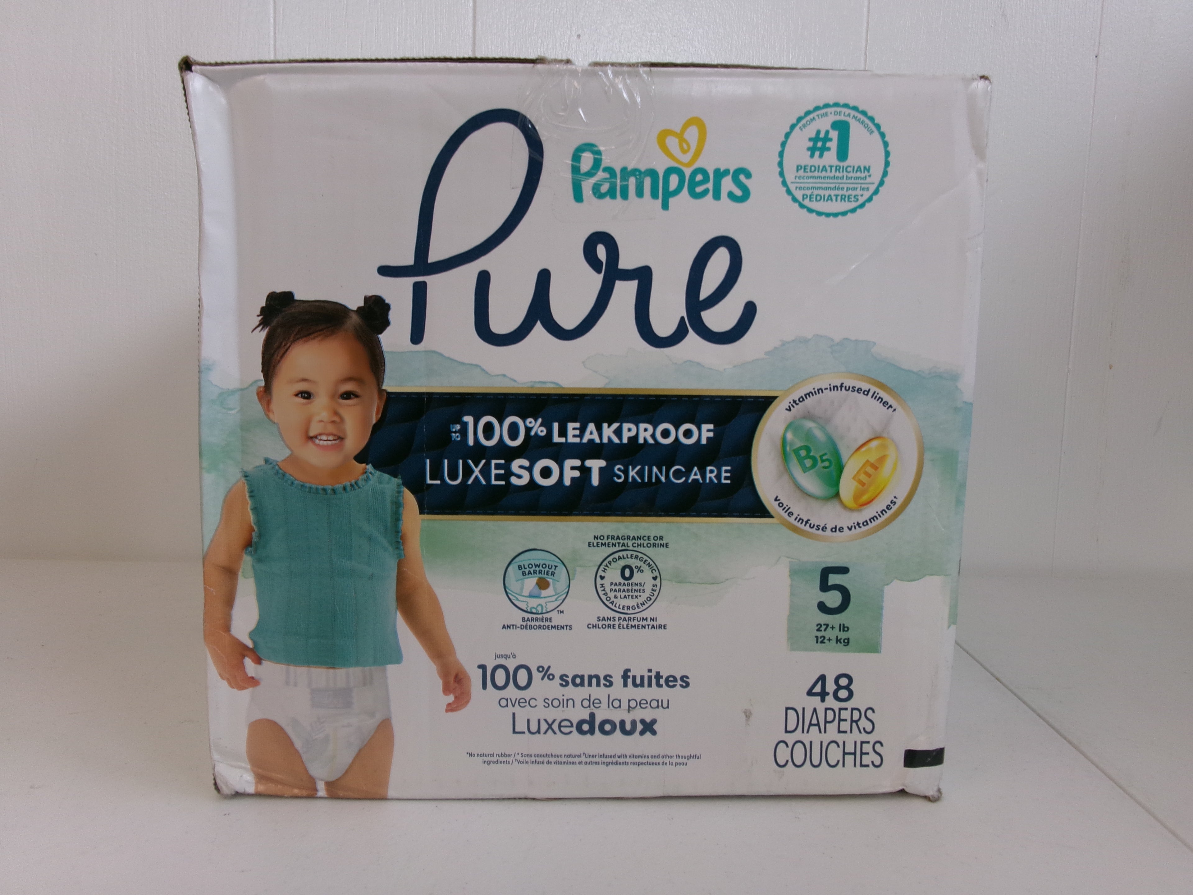 Pampers Pure Baby Diapers, Size 5, 48 Count, Up to 100% Leakproof, Premium Hypoallergenic Soft Diapers