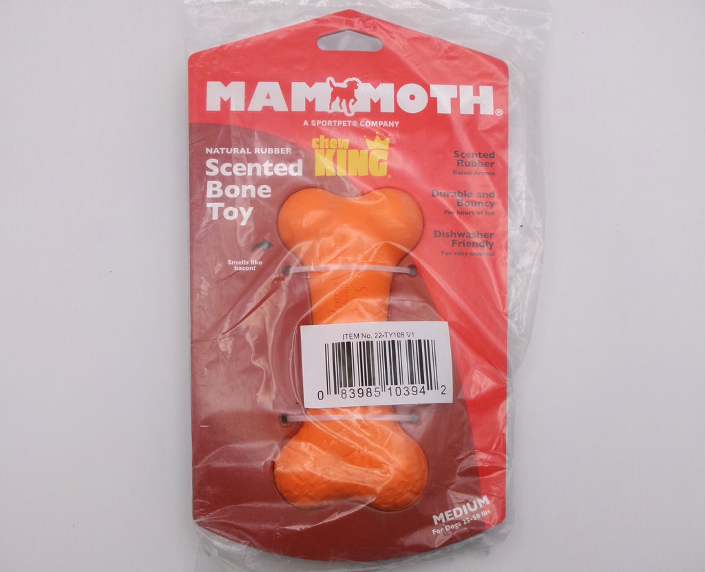 Chew King by Mammoth Bacon Flavor Rubber Bone Tough Dog Chew Toy, Orange