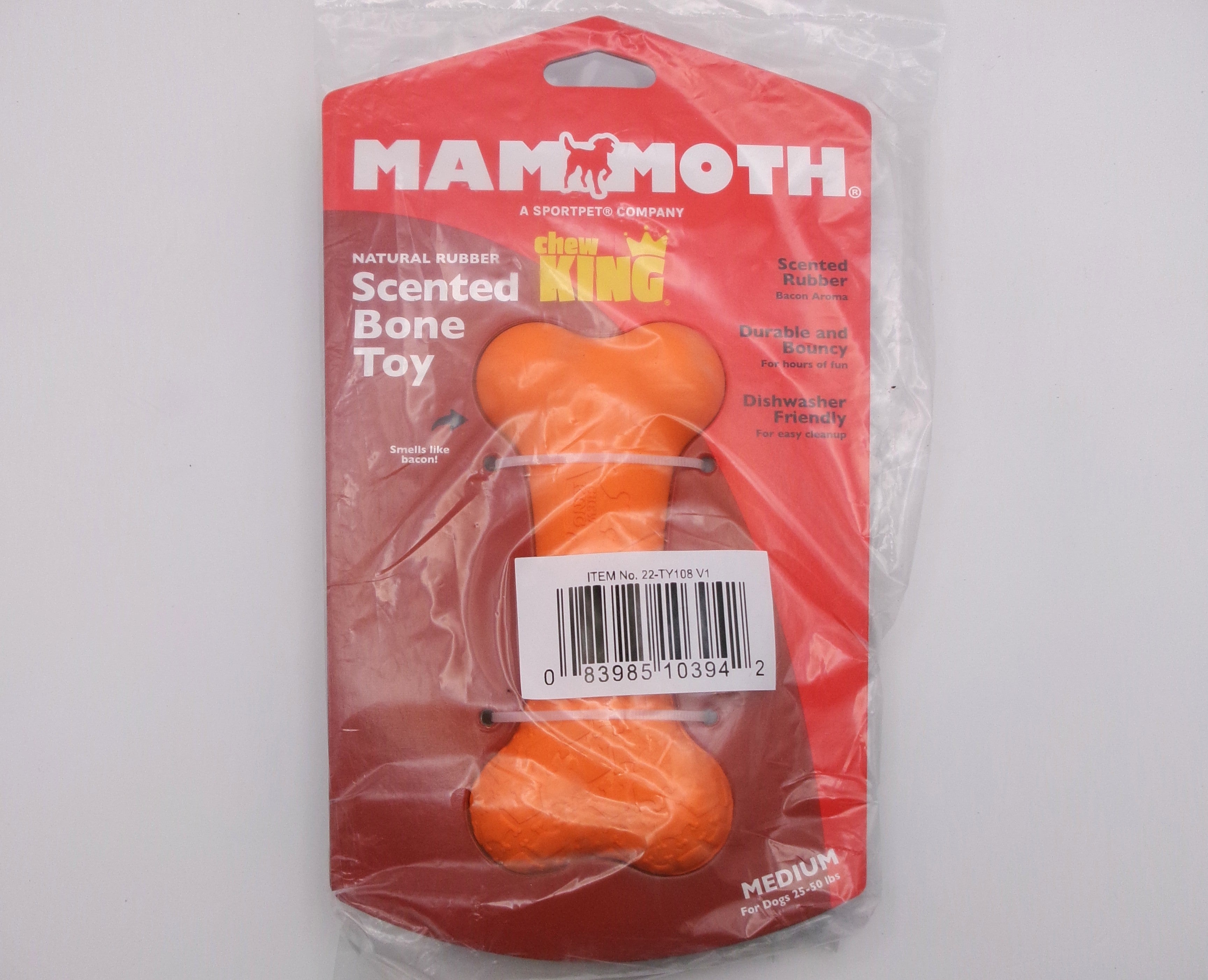 Chew King by Mammoth Bacon Flavor Rubber Bone Tough Dog Chew Toy, Orange