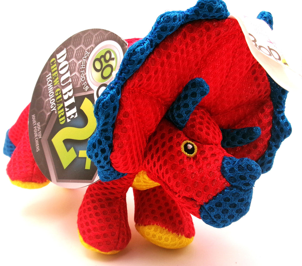 GoDog 2x Chew Guard Triceratops Dinosaur Durable Squeaky Plush Dog Toy, Small Red
