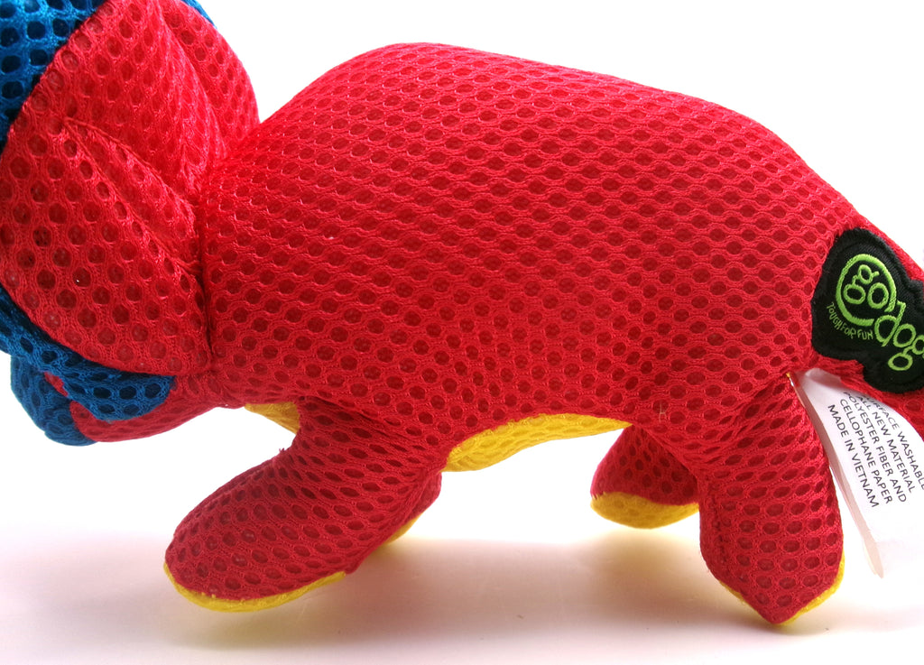 GoDog 2x Chew Guard Triceratops Dinosaur Durable Squeaky Plush Dog Toy, Small Red