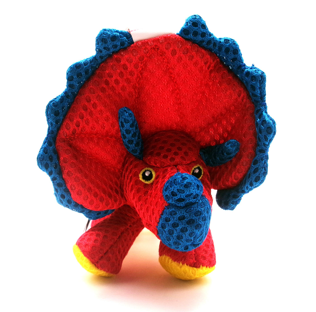 GoDog 2x Chew Guard Triceratops Dinosaur Durable Squeaky Plush Dog Toy, Small Red