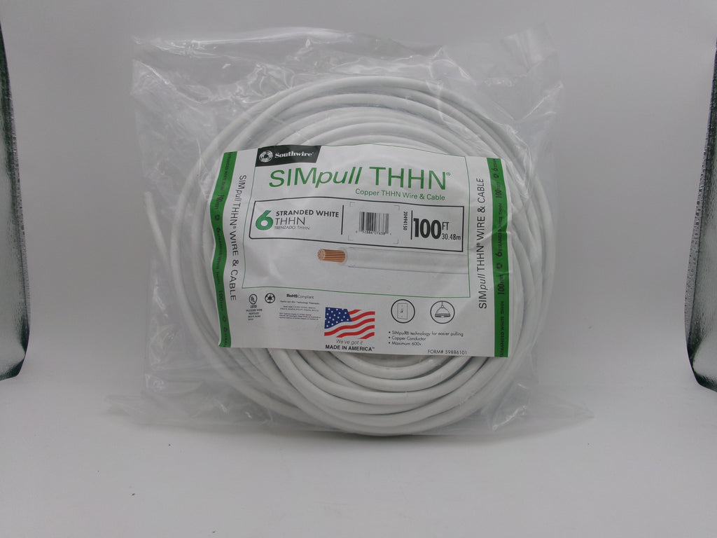 Building Wire: Copper, 6 AWG, 1 Conductors, Stranded, White, 100 ft Lg, THHN