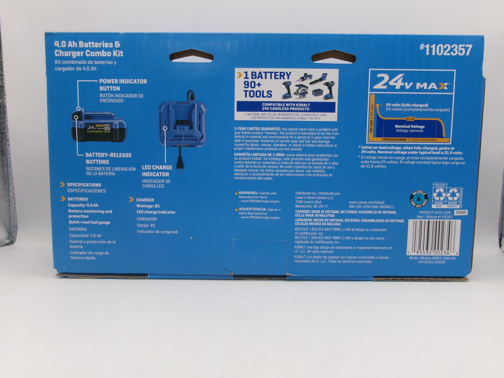 Kobalt 24V MAX Li-Ion 4.0Ah Batteries 2 &amp; Charger Combo Kit 1102357