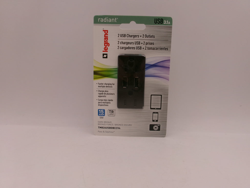 Radiant Legrand 2 USB Chargers + 2 Outlets TM826USBDBCCV4