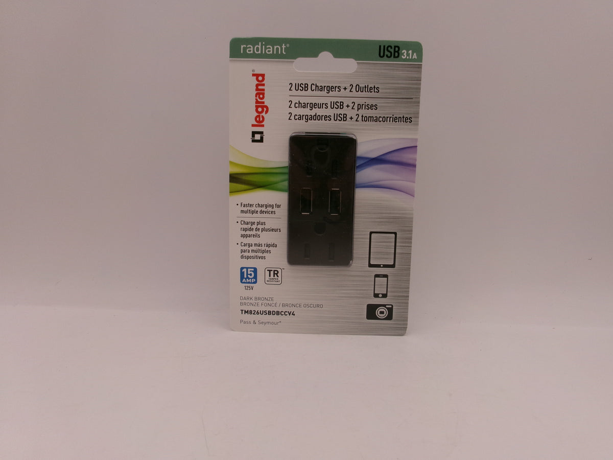 Radiant Legrand 2 USB Chargers + 2 Outlets TM826USBDBCCV4