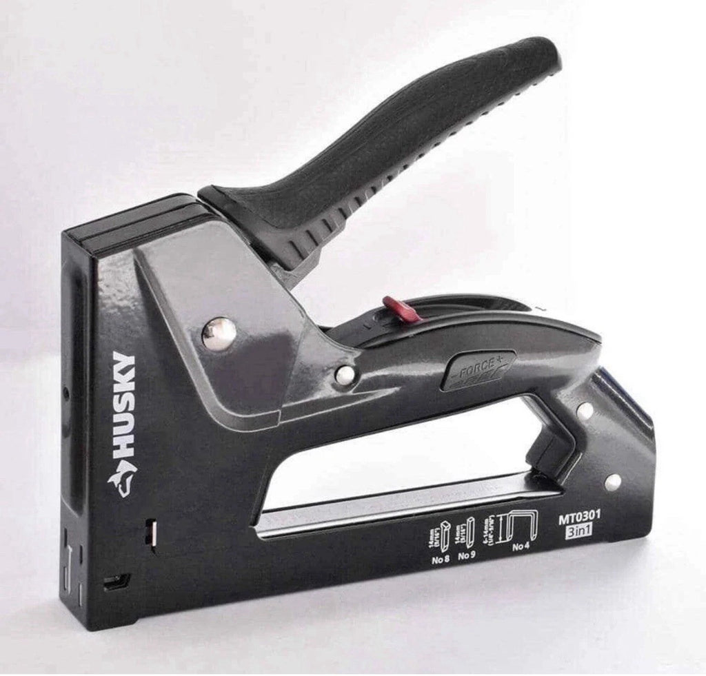 Husky 3-in-1 Aluminum Staple Gun, Aluminum, Ergonomic Grip, Power Adjust - NIP