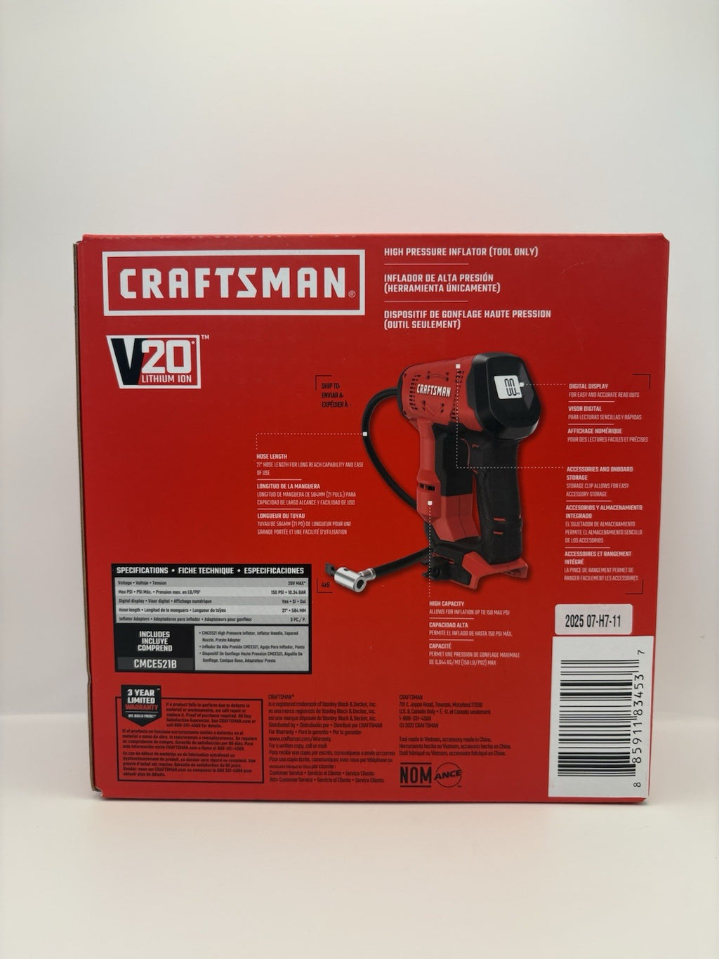 Craftsman V20 Cordless Inflator Pump Tool Only Tires High Pressure PSI 150