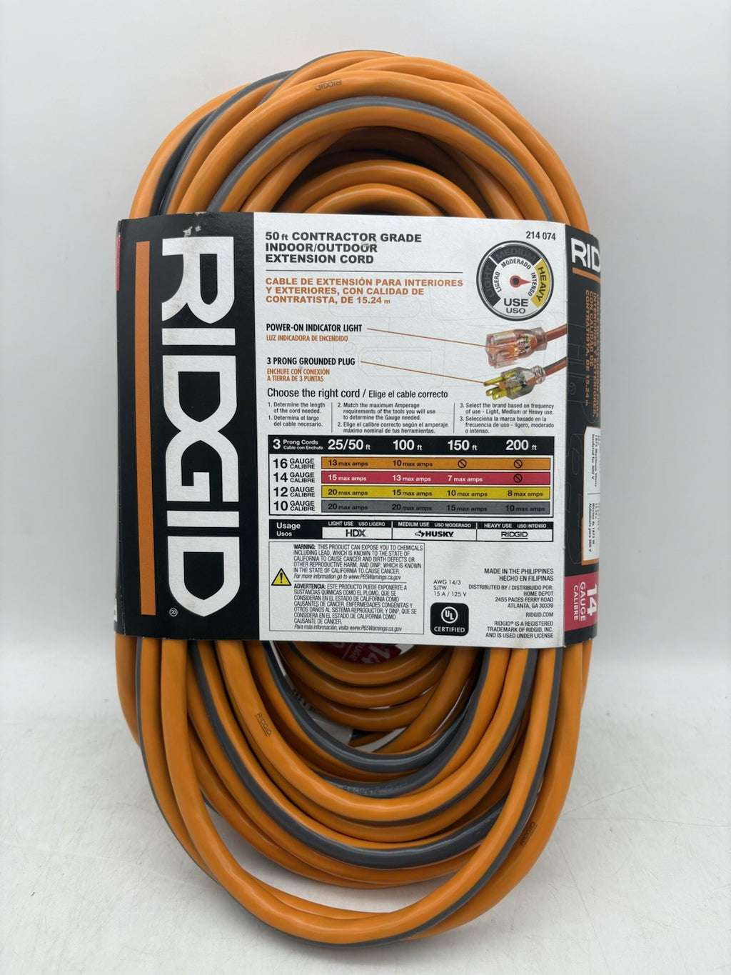 RIDGID 50FT Contractors Grade Indoor Outdoor Extension Cord 12 Gauge NEW
