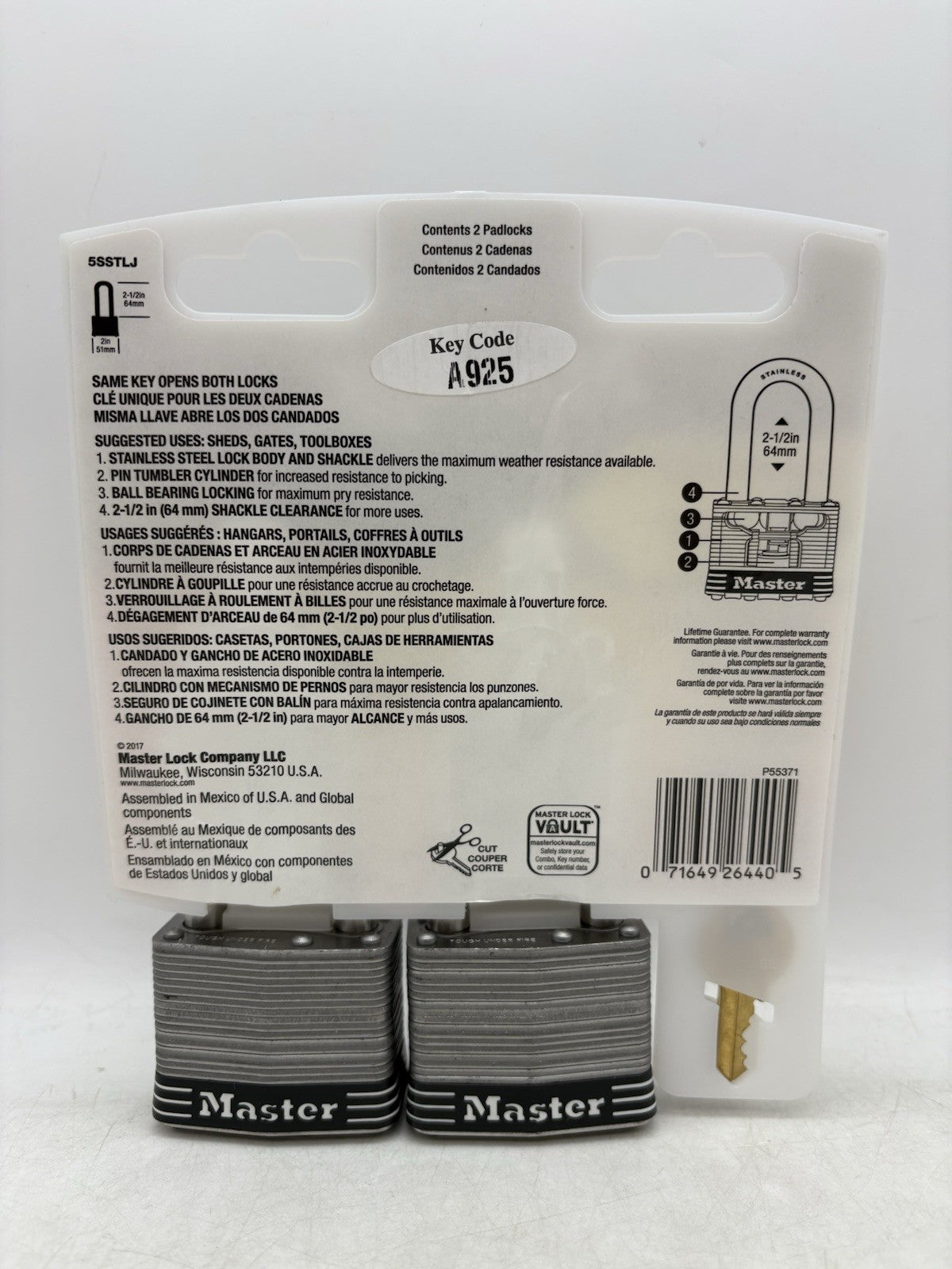 Master Lock 5SSTLJ 2-Pack Stainless Steel 2-1/2" Inch Keyed Padlock