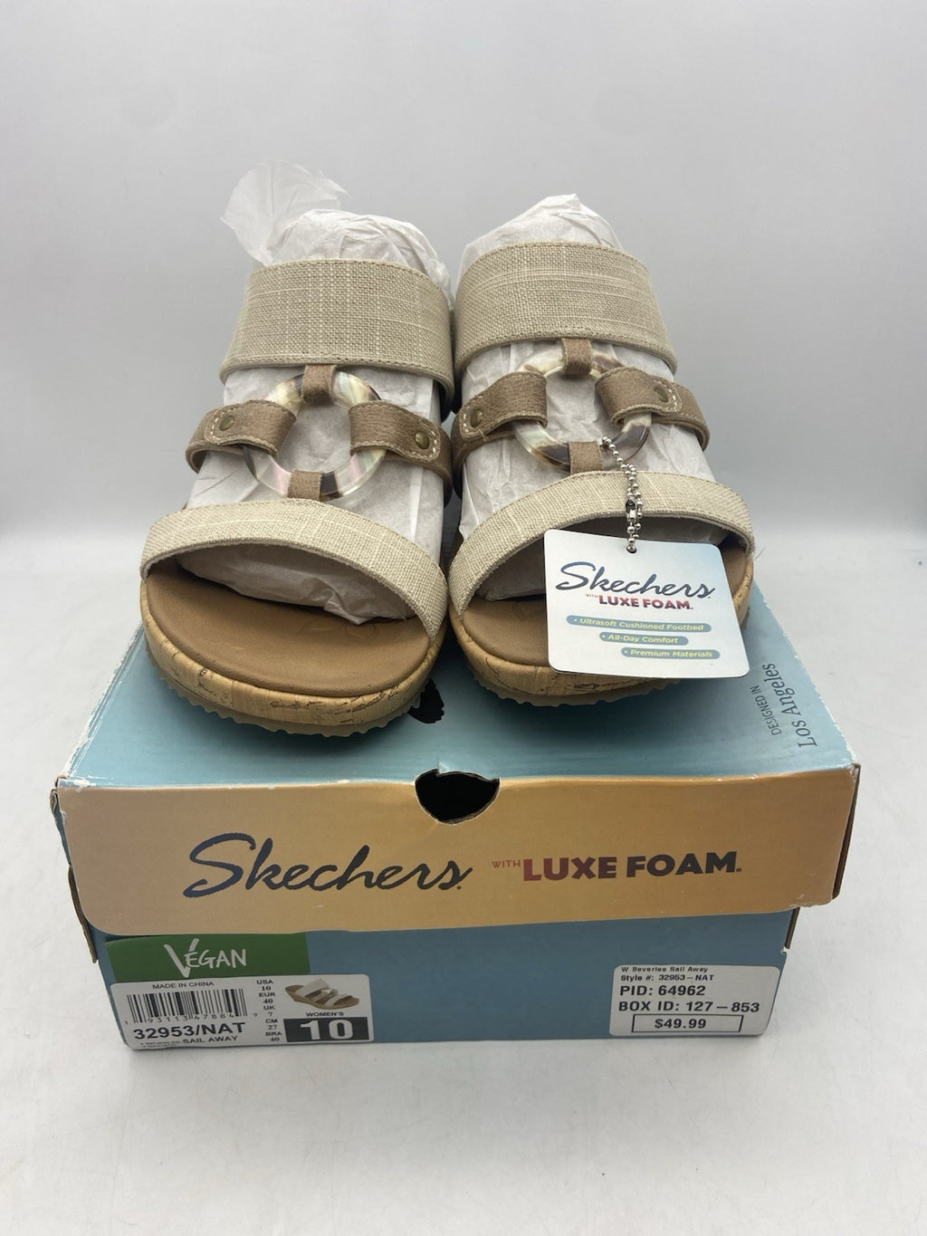 Skechers Womens Beverlee Luxe Foam Sail Away Embellished Wedge Sandals Beige 10