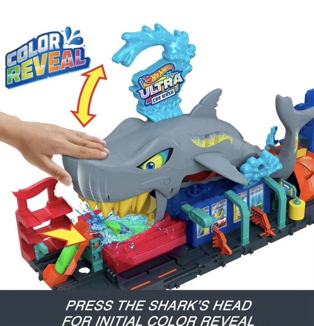 Hot Wheels Ultra Shark Car Wash Playset: Plastic Toy Vehicle Set, 1:64