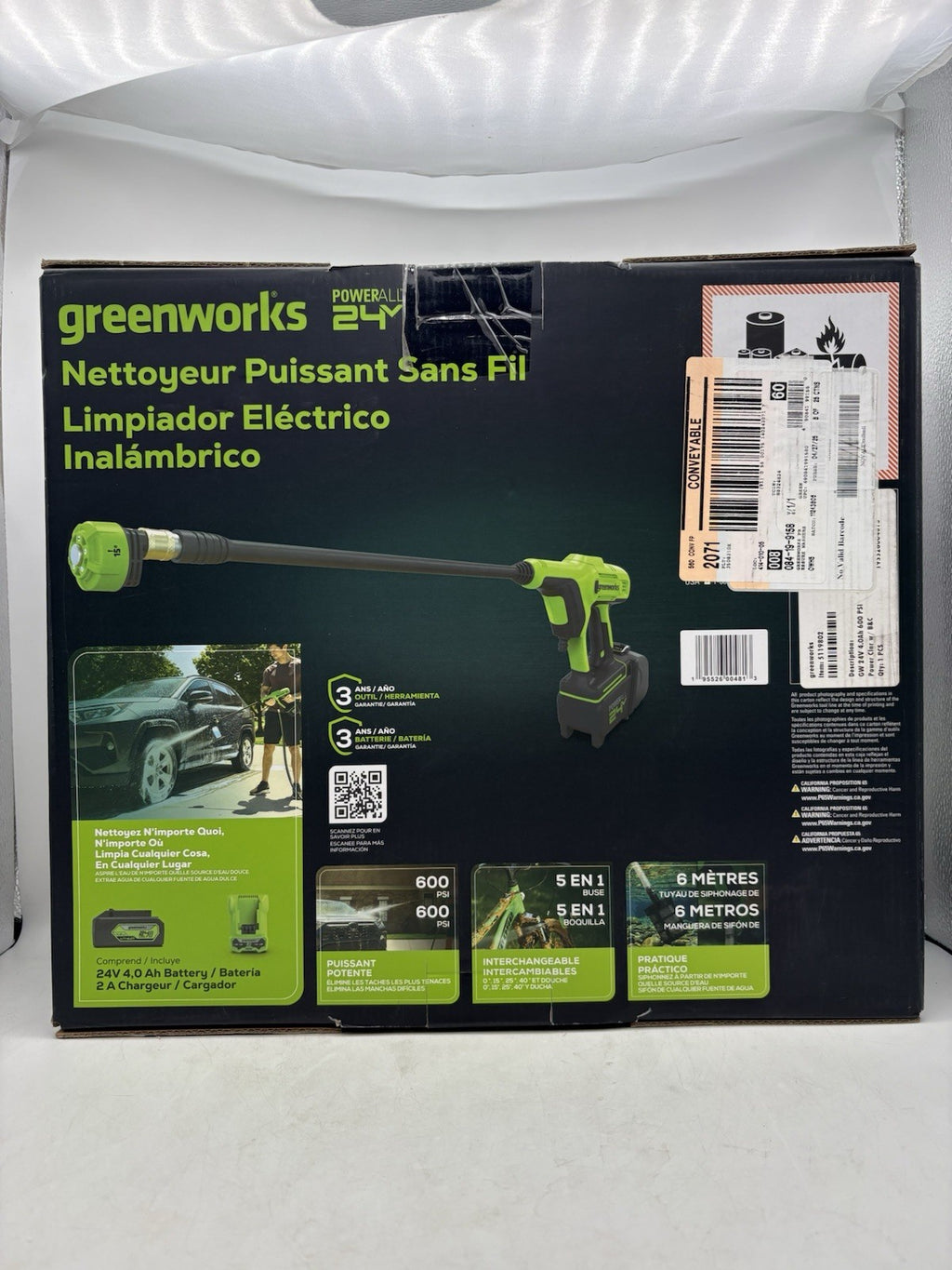 Greenworks 24V 600 PSI Battery Pressure Washer, w/ 4Ah USB Battery and Charger