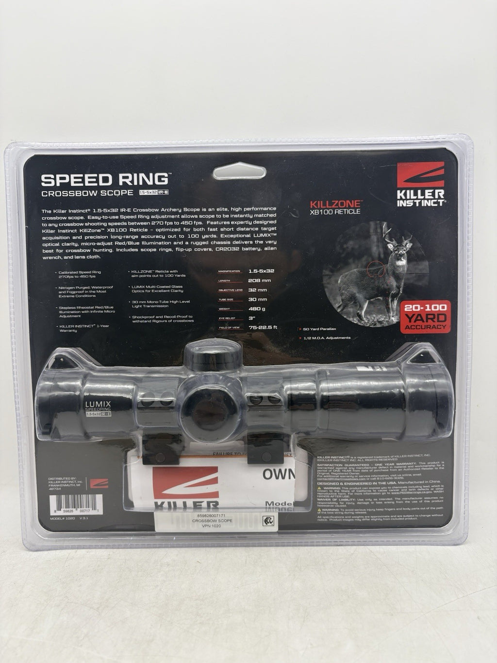 Killer Instinct  Crossbow Scope Lumex Speed RING 1.5-5X32 IR-E 30 mm TUBE NEW
