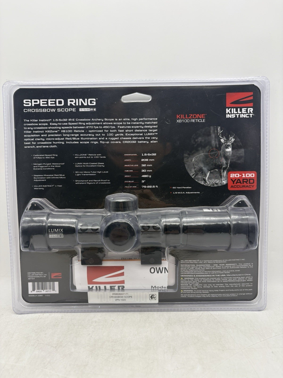 Killer Instinct  Crossbow Scope Lumex Speed RING 1.5-5X32 IR-E 30 mm TUBE NEW