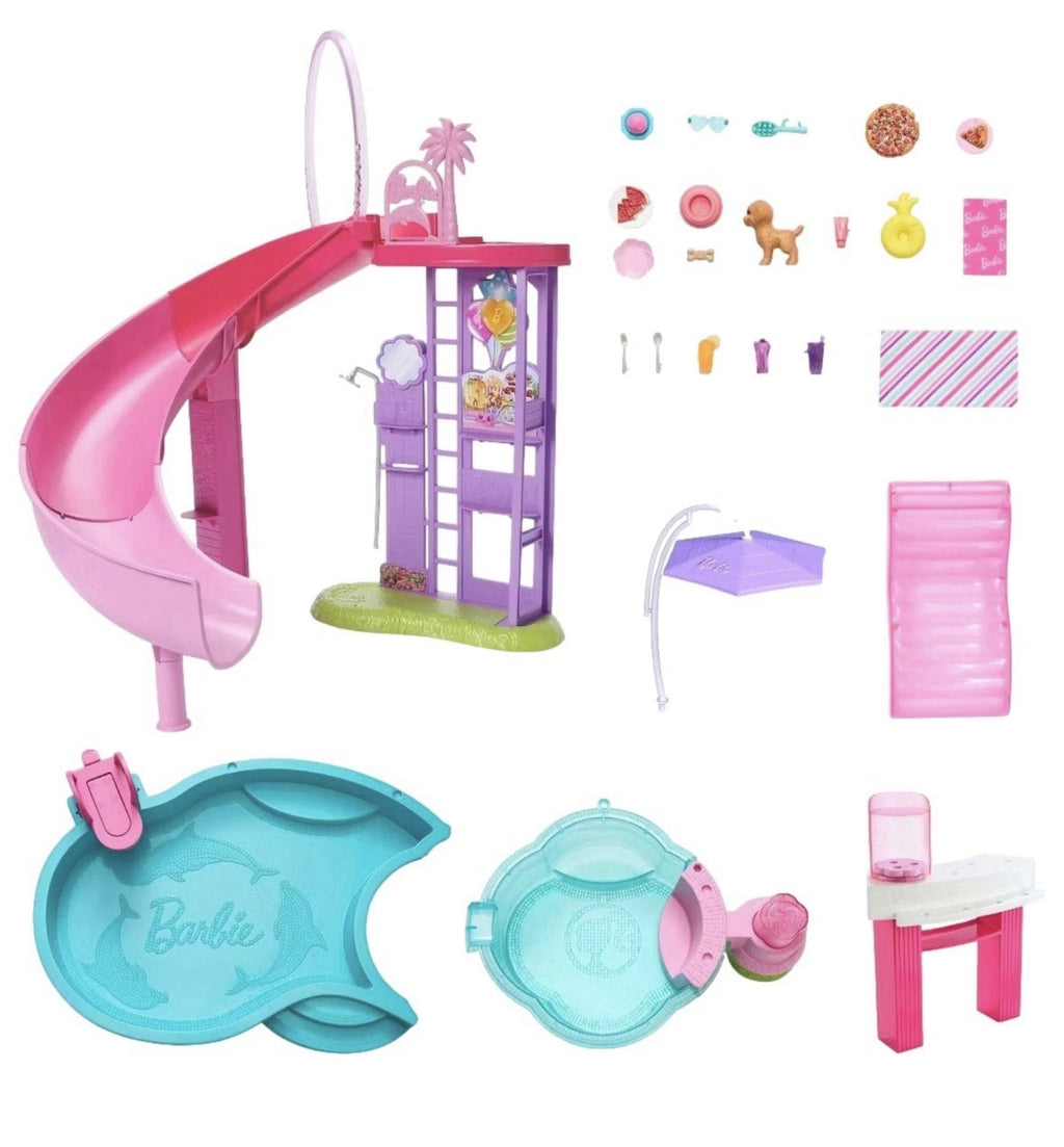 Barbie Dream Pool Playset with Slide & Bubbling Hot Tub, 20+ Accessories & Pet