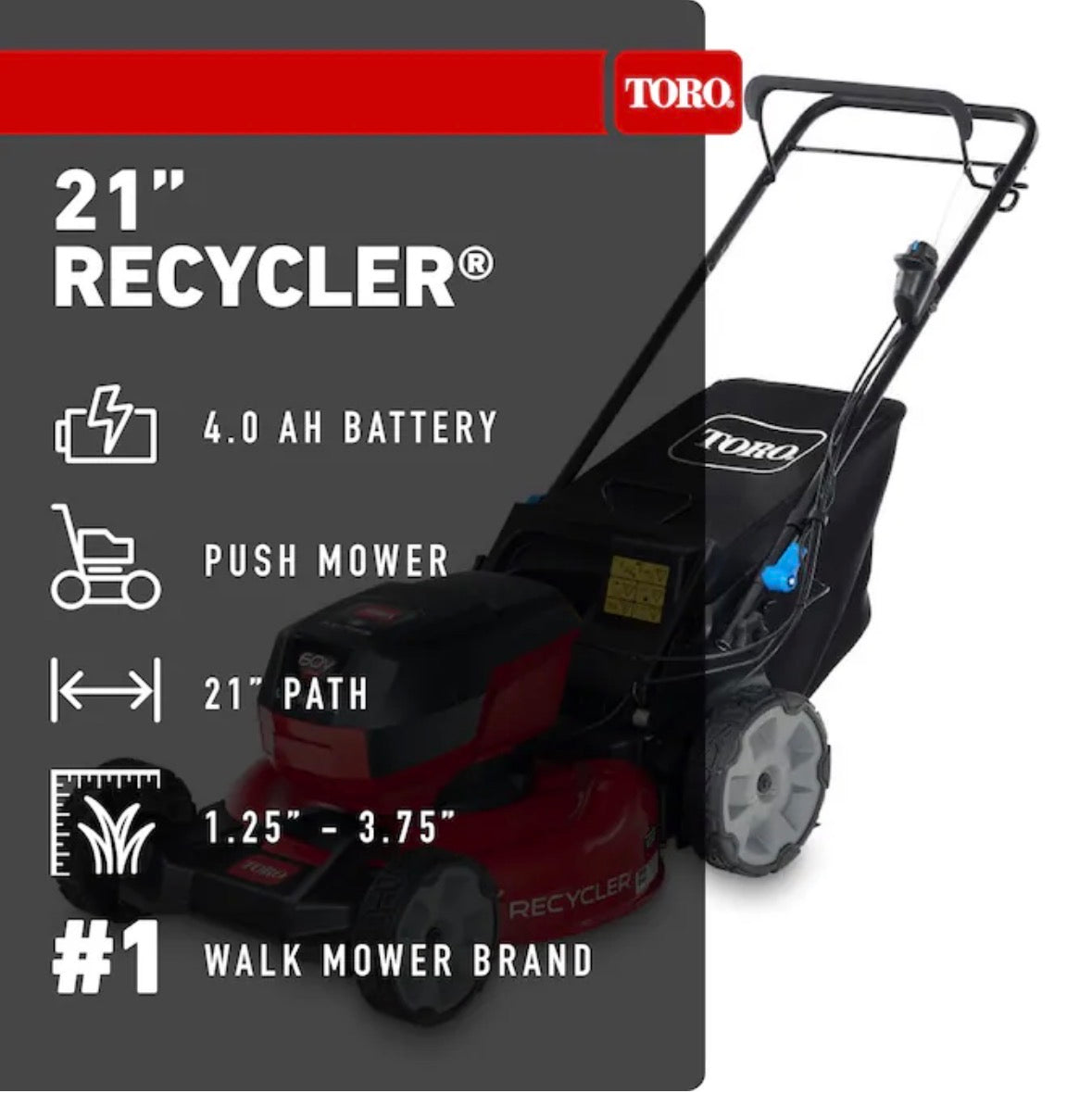 Toro Recycler 21” 60-volt, Push Battery Walker with 4ah Battery Included