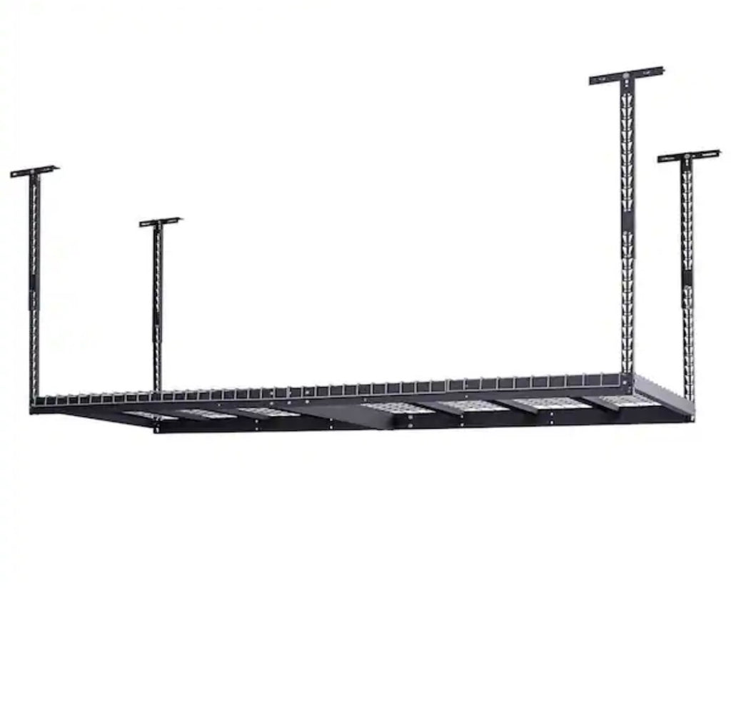 Husky 97.5 in. W x 43.75 in. H x 32 in. D Adjustable Height Metal Heavy-Duty Overhead Garage Storage Rack in Black