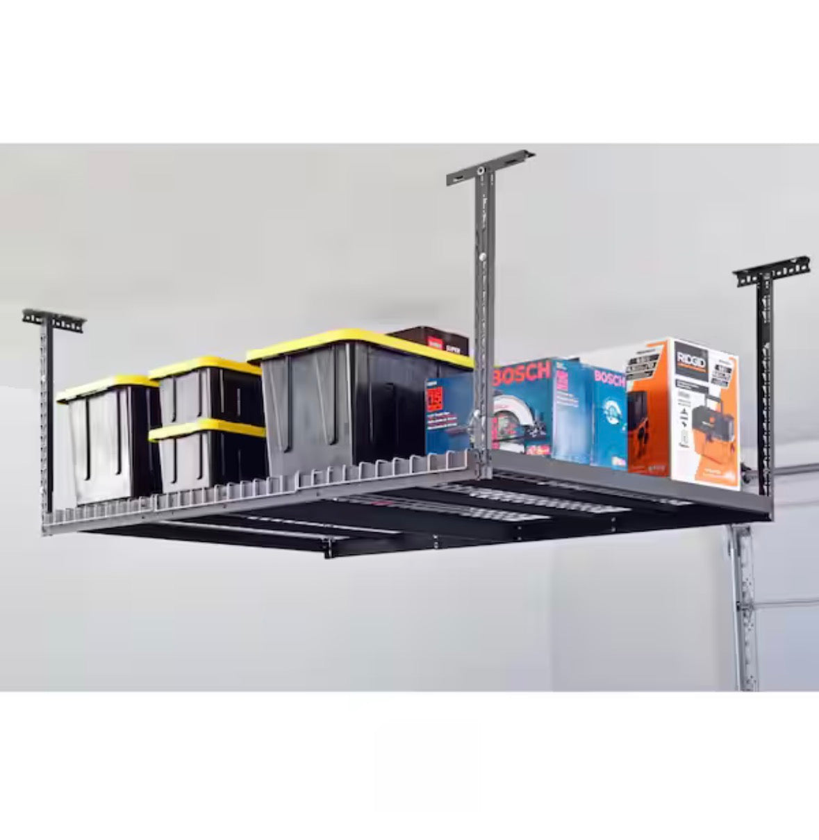 Husky 97.5 in. W x 43.75 in. H x 32 in. D Adjustable Height Metal Heavy-Duty Overhead Garage Storage Rack in Black