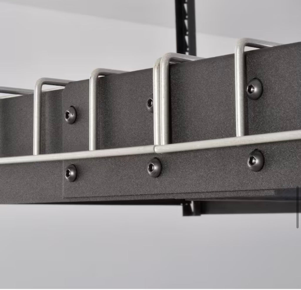 Husky 97.5 in. W x 43.75 in. H x 32 in. D Adjustable Height Metal Heavy-Duty Overhead Garage Storage Rack in Black