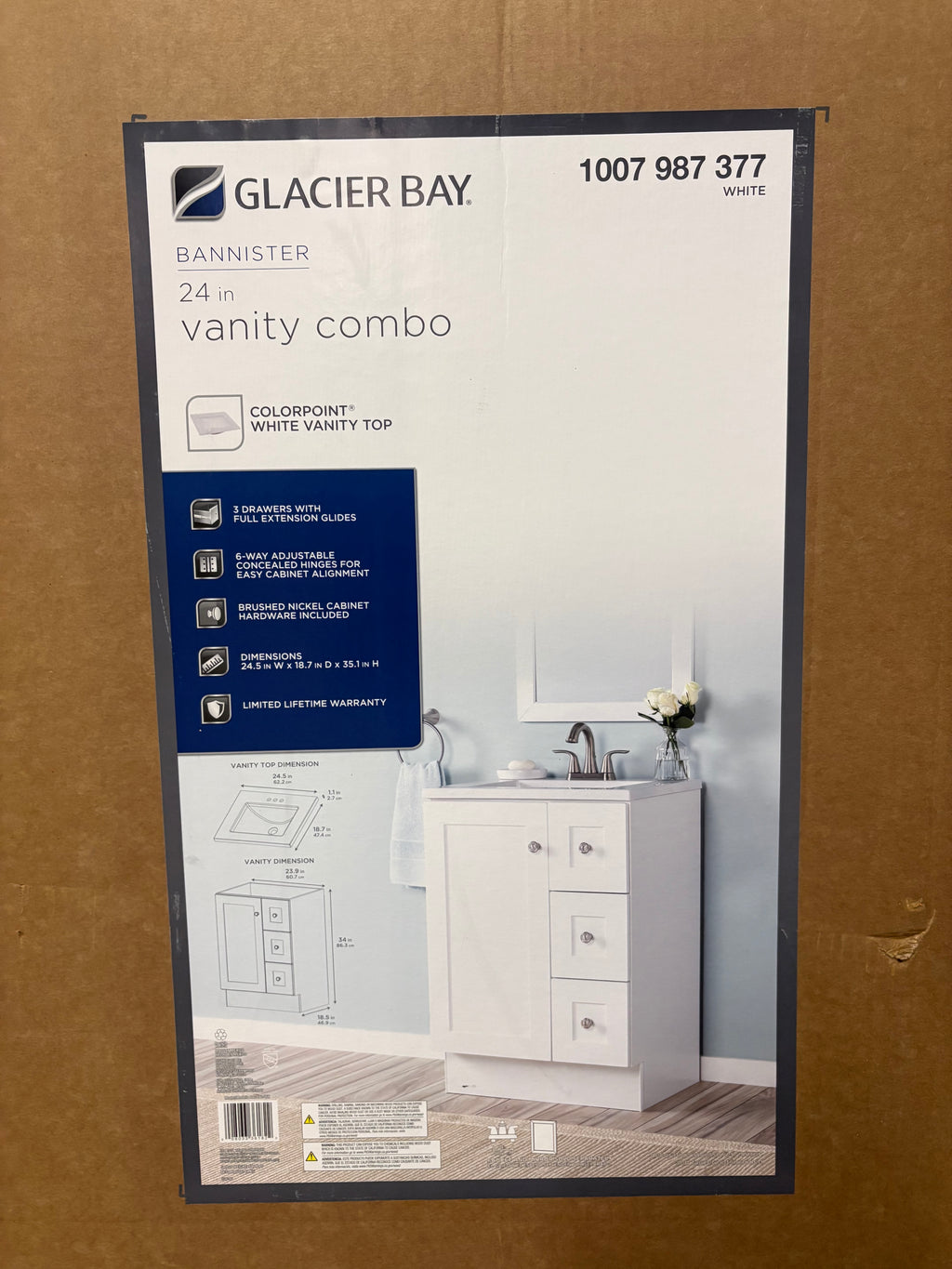 Glacier Bay Bannister 25 in. Single Sink White Bath Vanity with Granite-Look Colorpoint White Cultured Marble Top