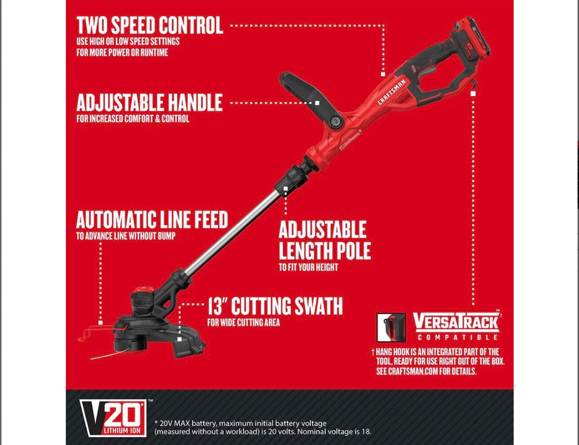 Craftsman V20 CMCST900D1 13 in. Battery Edger/Trimmer Kit (Battery & Charger)