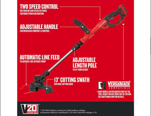 Craftsman V20 CMCST900D1 13 in. Battery Edger/Trimmer Kit (Battery & Charger)