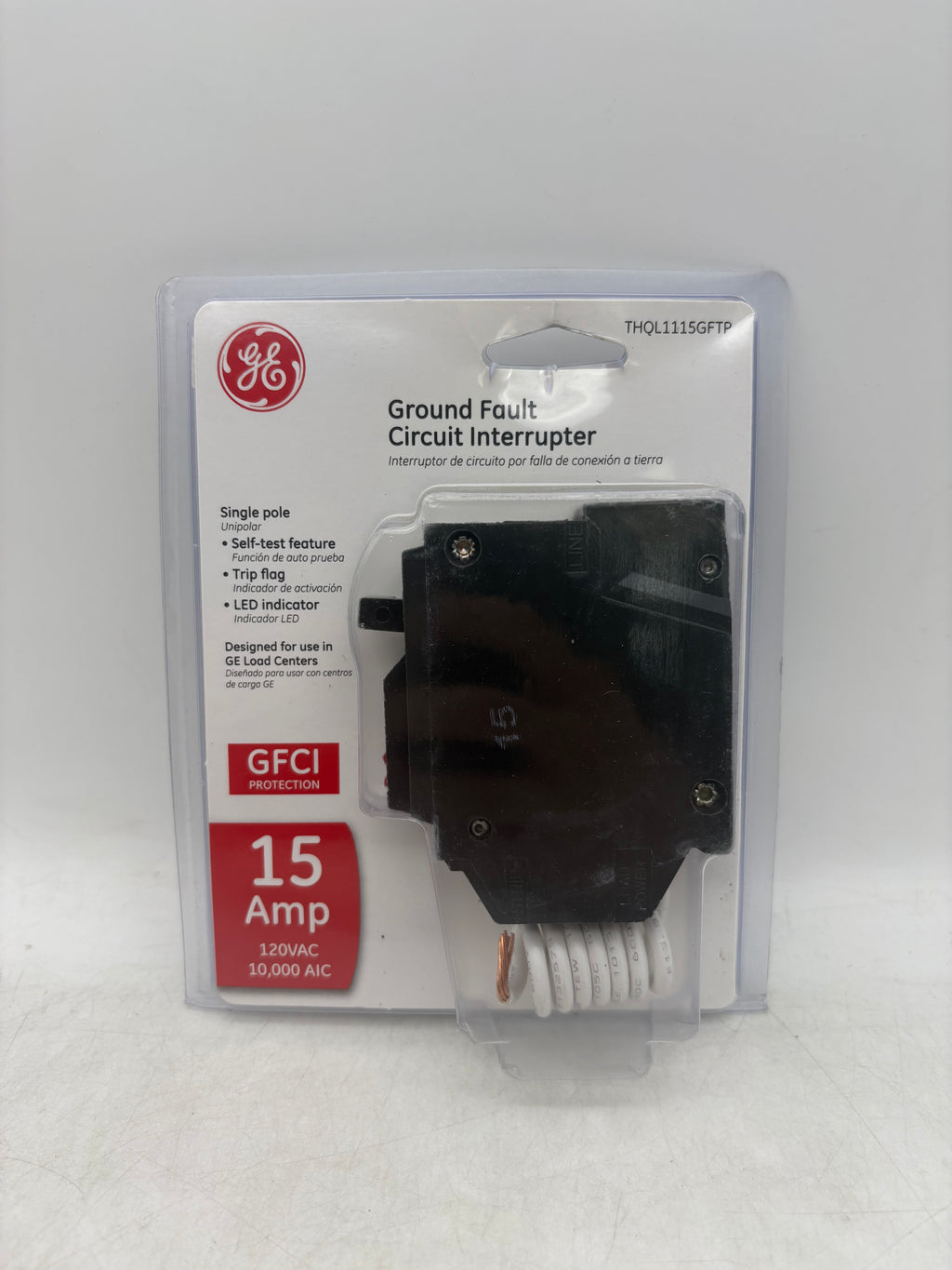 GE 15 Amp Single Pole Ground Fault Circuit Breaker with Self-Test THQL1115GFTP
