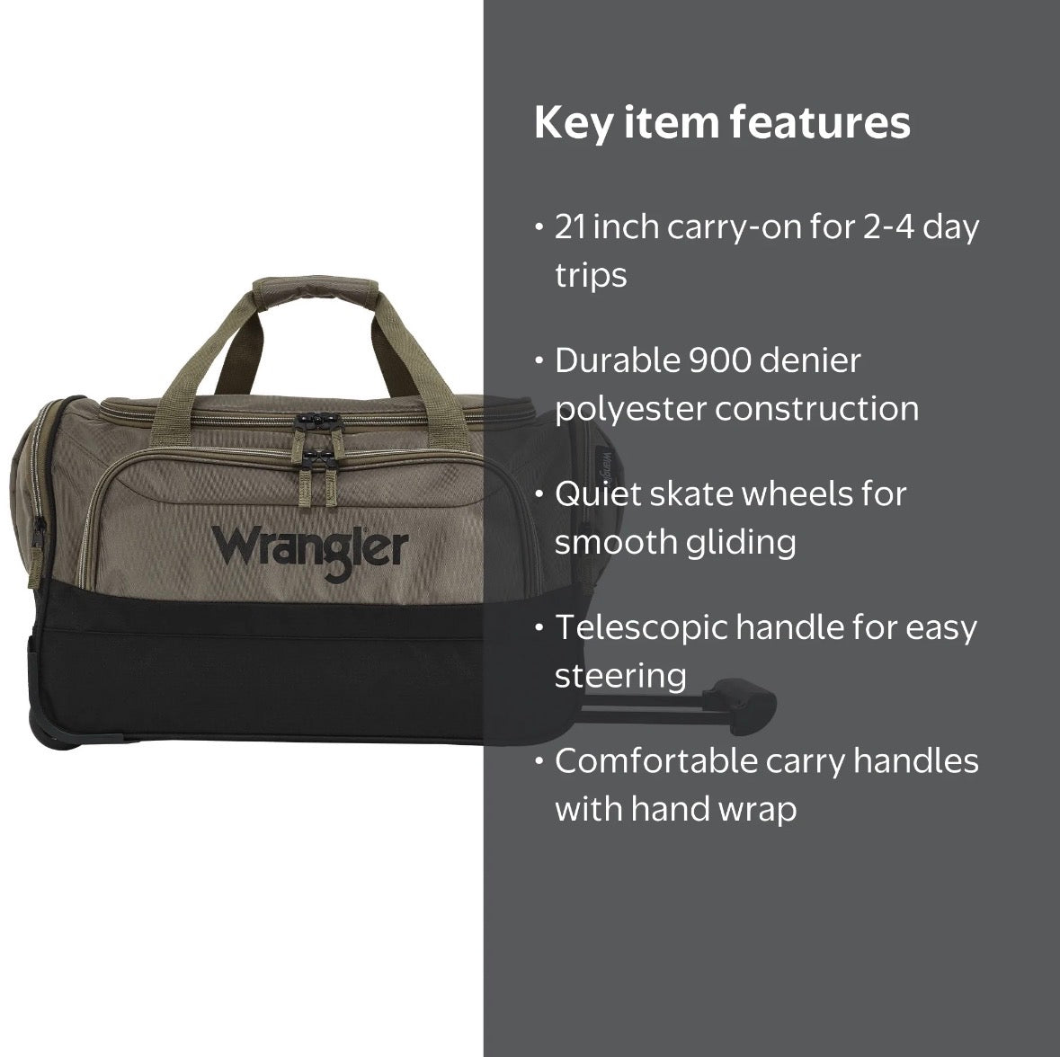 Wrangler 21" Wheeled Duffel Bag with Telescopic Handle, Fallen Rock