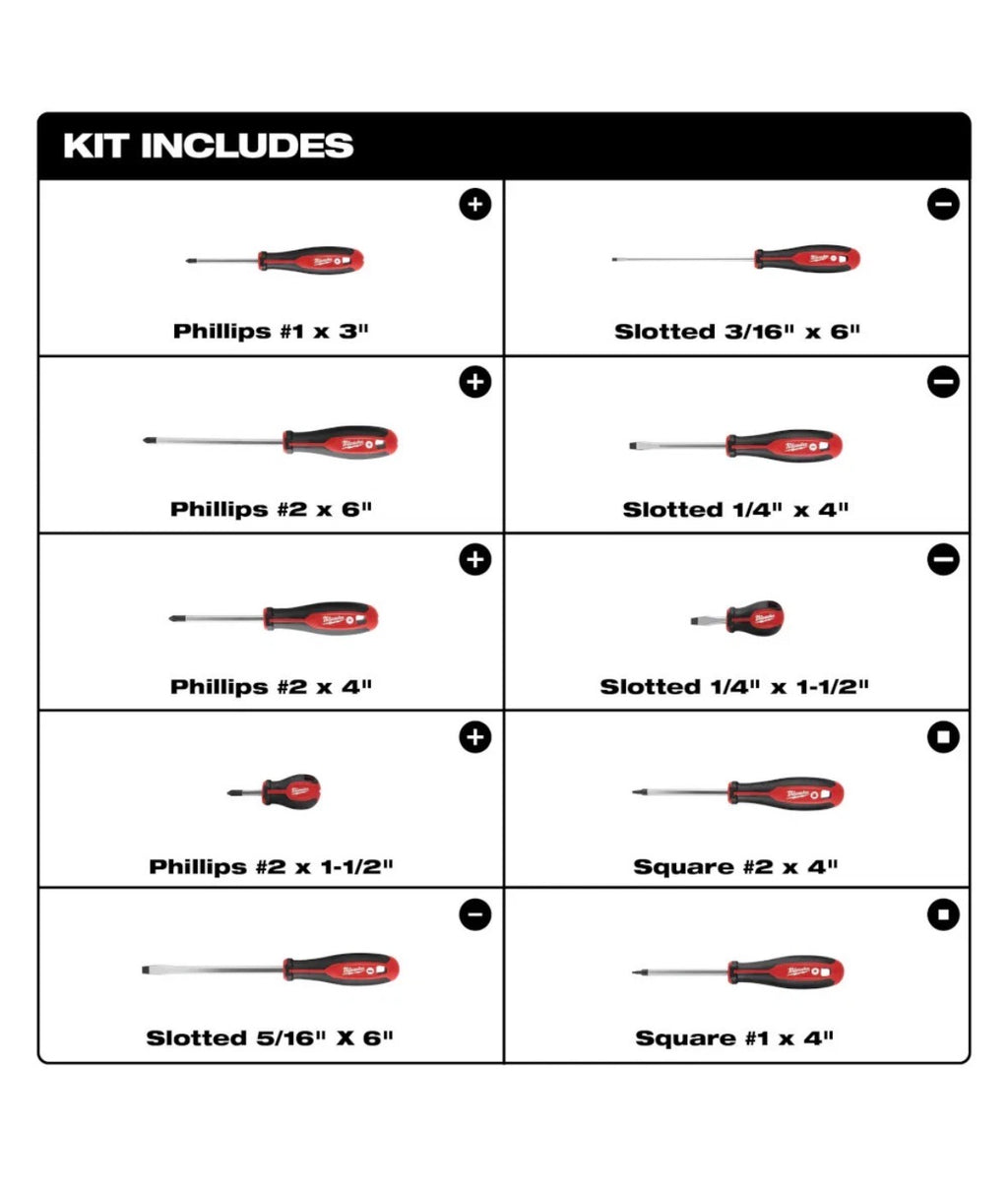 Milwaukee 48-22-2710 10-Pc Forged Hex Shank Tri-Lobe Handle Screwdriver Kit