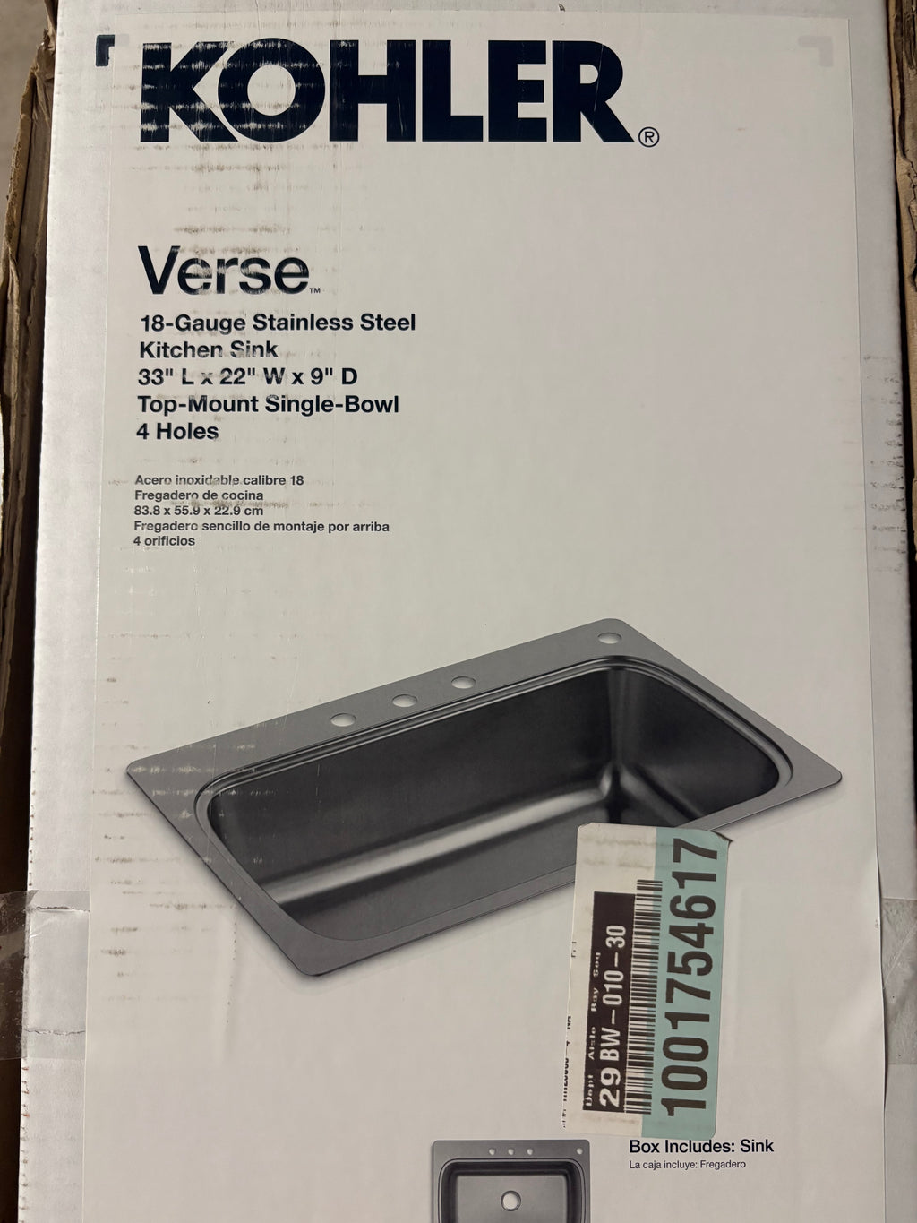 Kohler Verse 33 in. Drop-in Single Bowl 18 Gauge Stainless Kitchen Sink with 4 Holes
