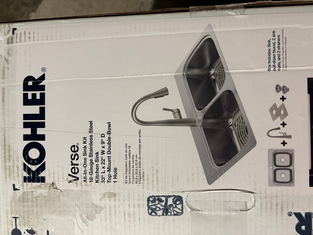 Kohler Verse Stainless Steel 33 in. Double Bowl Drop-In Kitchen Sink with Faucet K-RH5267-1PC-NA