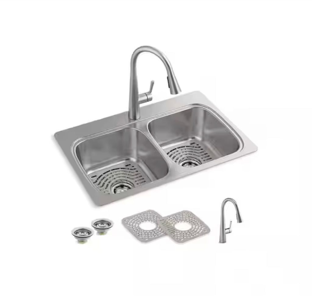Kohler Verse Stainless Steel 33 in. Double Bowl Drop-In Kitchen Sink with Faucet K-RH5267-1PC-NA