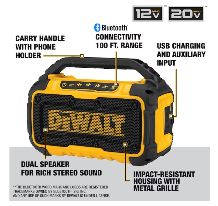 Dewalt 12-volt or 20-volt max Cordless Bluetooth Jobsite bluetooth speaker DCR010
