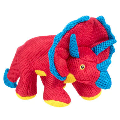 GoDog 2x Chew Guard Triceratops Dinosaur Durable Squeaky Plush Dog Toy, Small Red