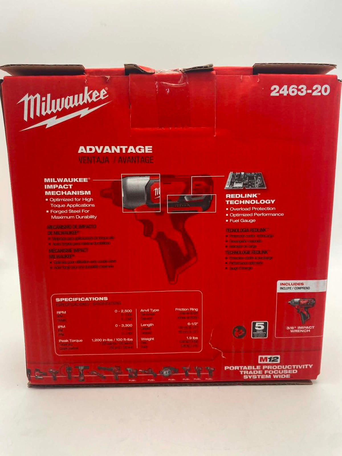 MILWAUKEE TOOL 2463-20 Cordless Impact Wrench - Non-Reversible, 12 V, 3/8 in Drive Size, Variable Speed