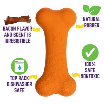 Chew King by Mammoth Bacon Flavor Rubber Bone Tough Dog Chew Toy, Orange