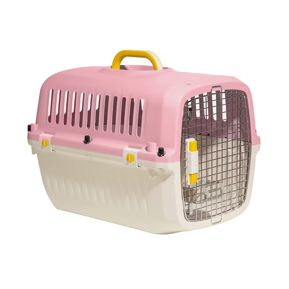 Oodles 20" Plastic Travel Pet Kennel, with Clip On Bowl, Pink