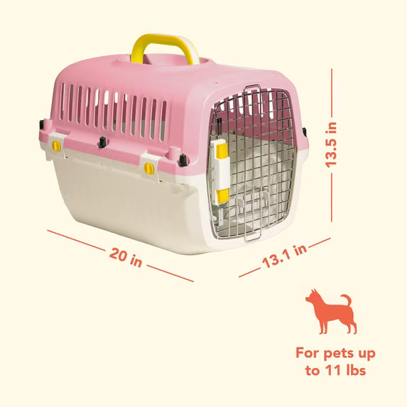 Oodles 20" Plastic Travel Pet Kennel, with Clip On Bowl, Pink
