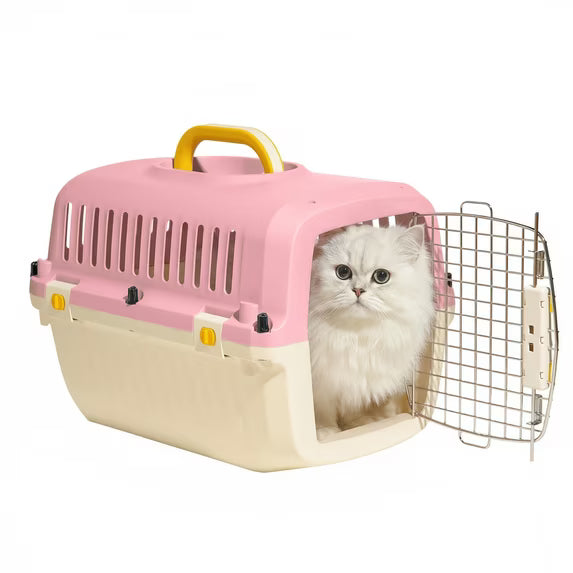 Oodles 20" Plastic Travel Pet Kennel, with Clip On Bowl, Pink