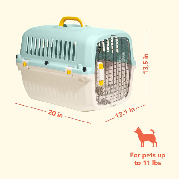 Oodles 20" Plastic Travel Pet Kennel with Clip On Bowl, Blue
