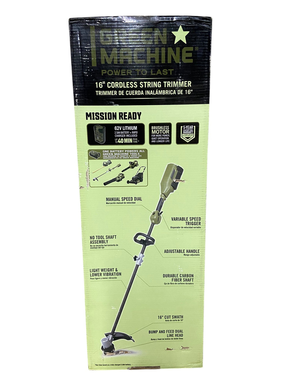 Green Machine 62V 16” Cordless String Trimmer Brushless motor with 2.5AH Battery