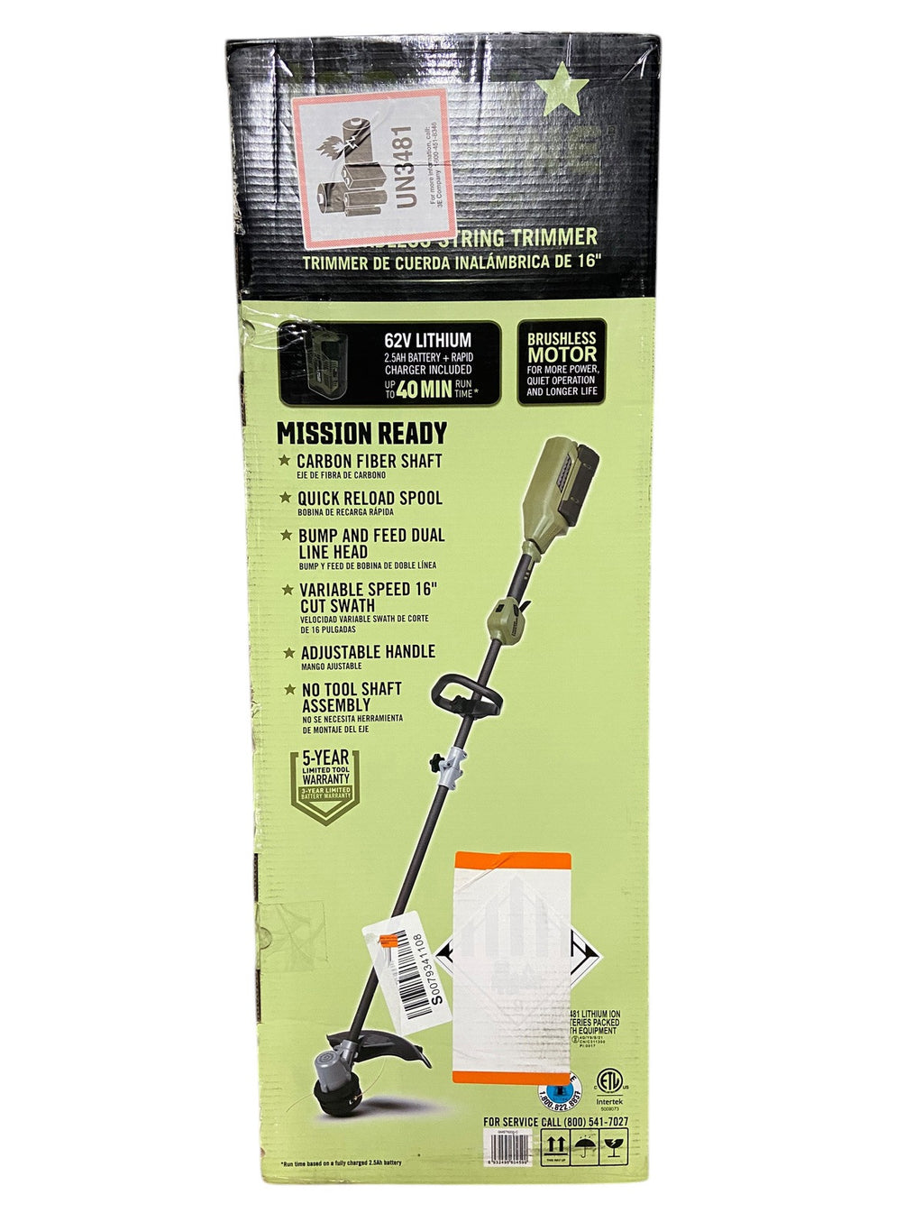 Green Machine 62V 16” Cordless String Trimmer Brushless motor with 2.5AH Battery